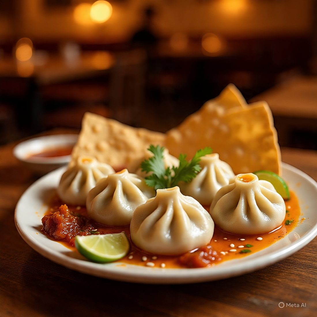 A plate of Jiaozi House steamed dumplings with chili sauce, cilantro and lime