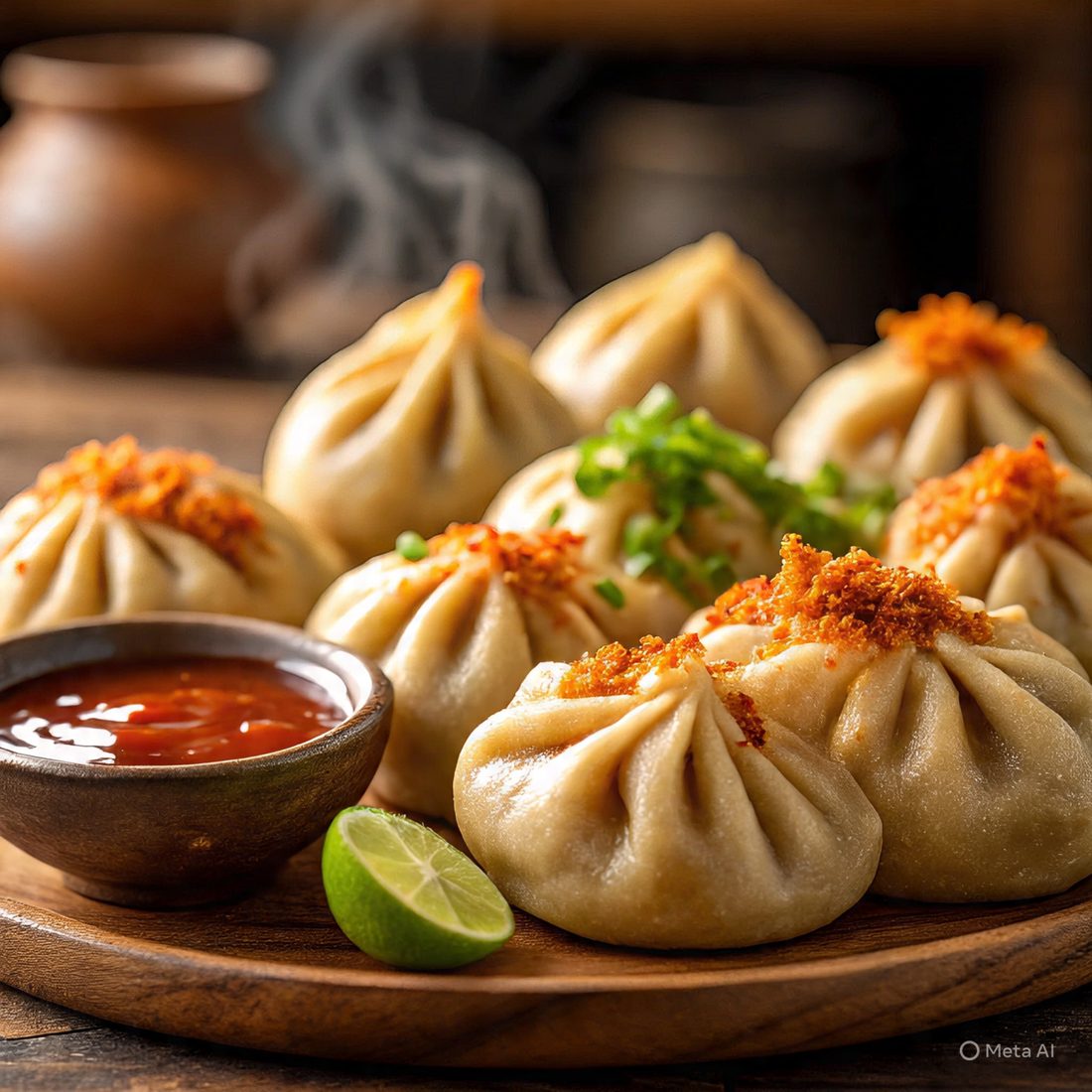 Kurkury momos with crunchy chili topping