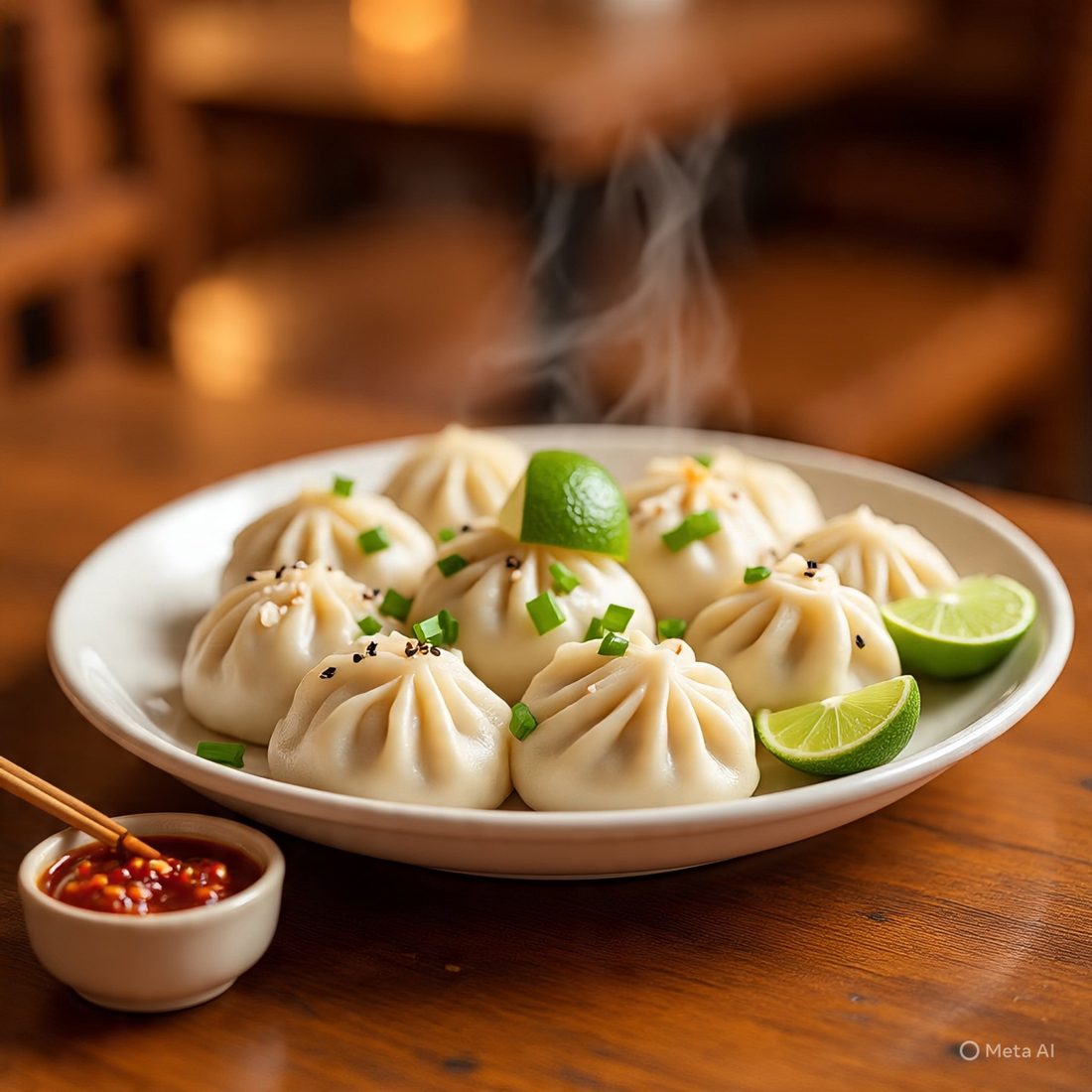 Steamed momos with sesame and lime
