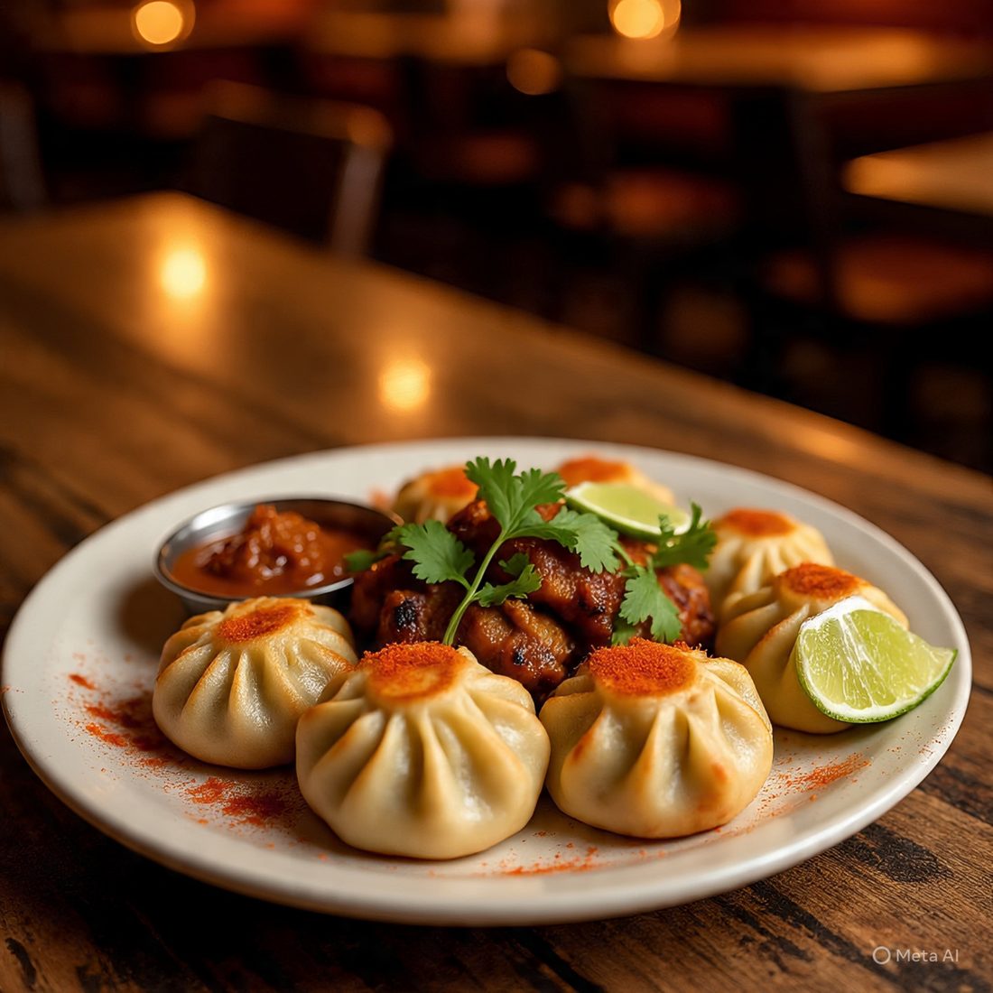 Tikka spiced momos with red masala